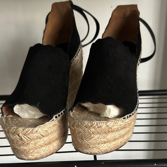 Chloe Black Suede Scalloped Espadrille Wedge Sandals with Ankle Buckle - Picture 7 of 8